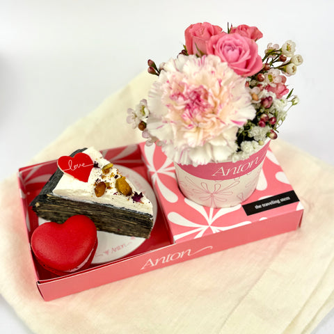 Flower Cup & Crepe Cake Slice & Heart Macaron Combo